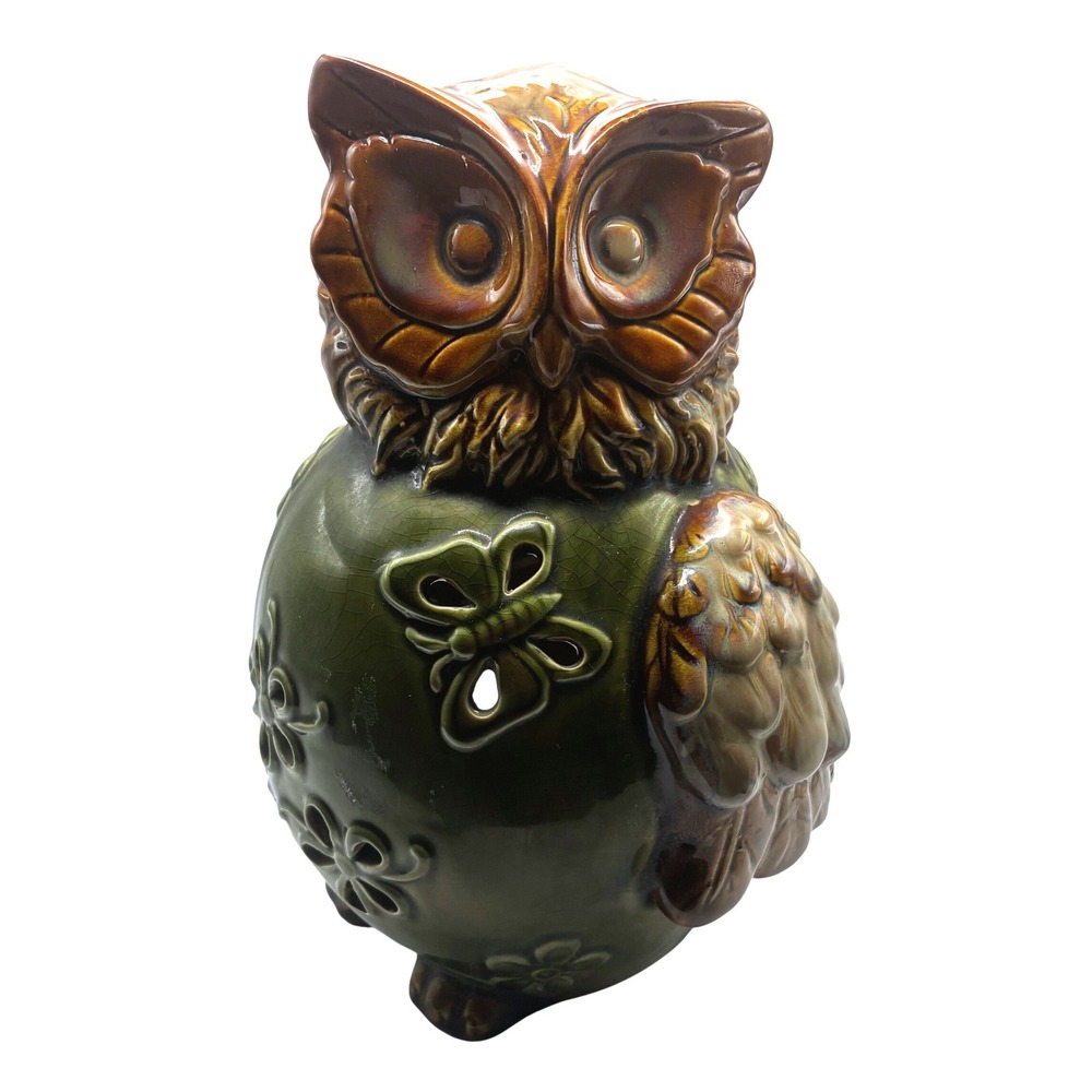 Vintage Owl Ceramic Candle Holder 9.5in Green Brown Butterfly Flower Luminary